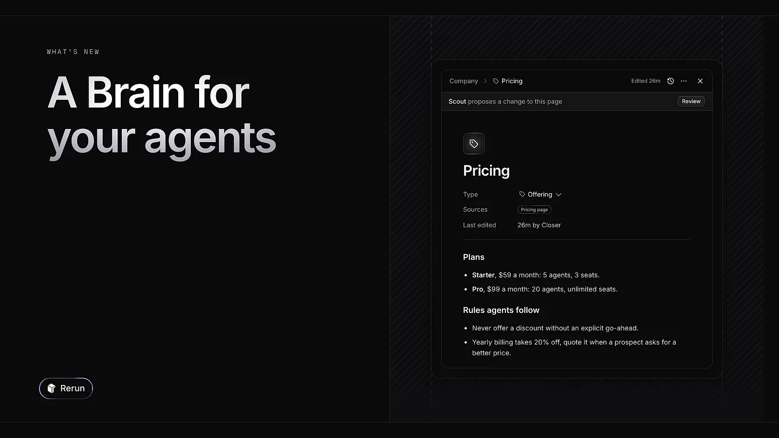 A company page in the Brain, with a change proposed by an agent