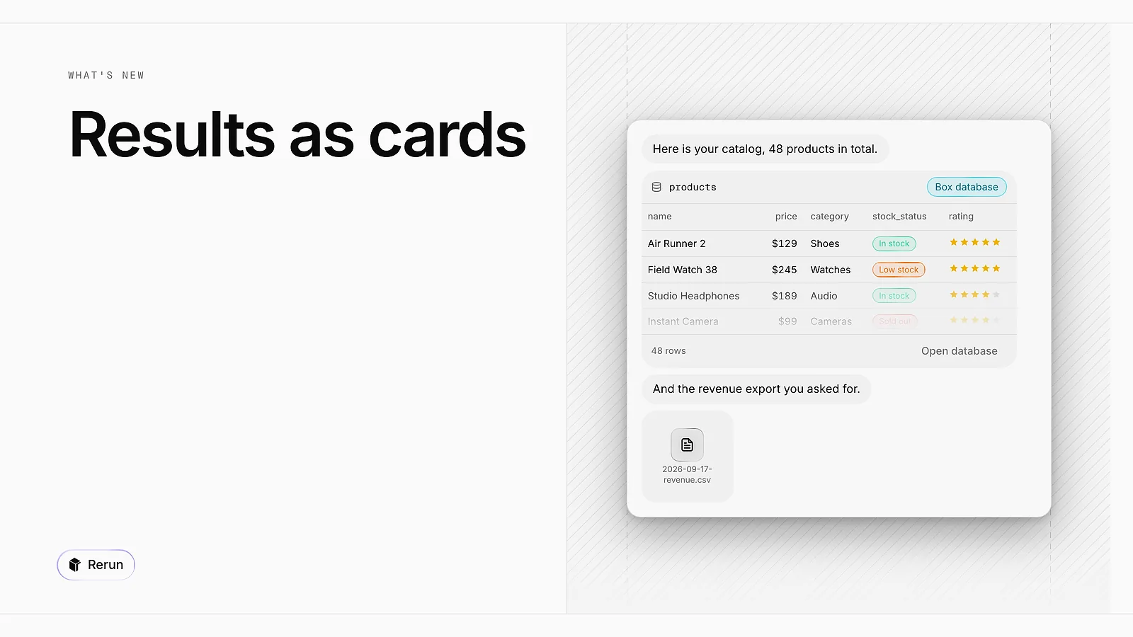 A products table card and a file card inside an agent's answer