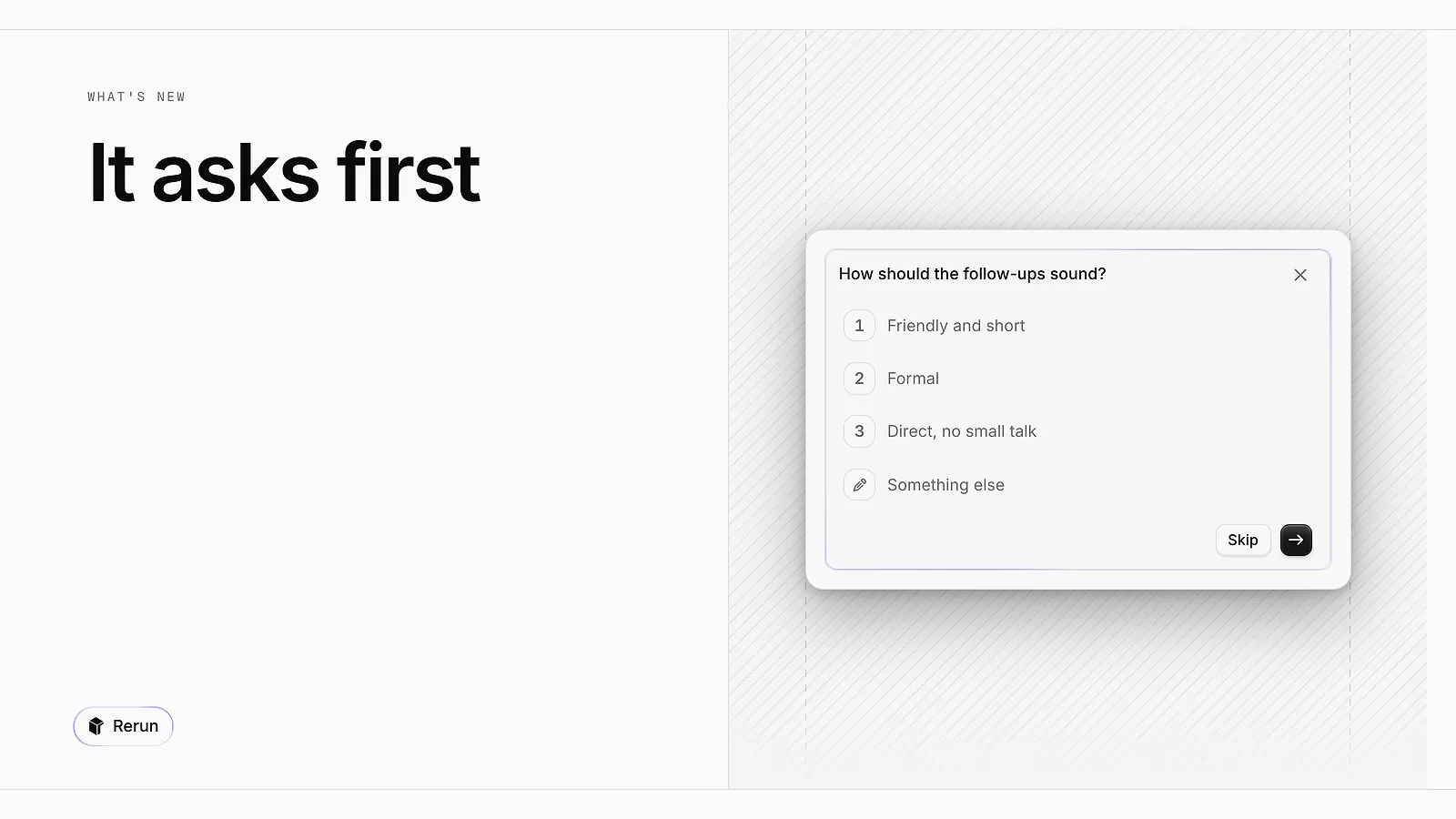 A question from an agent with three suggested answers