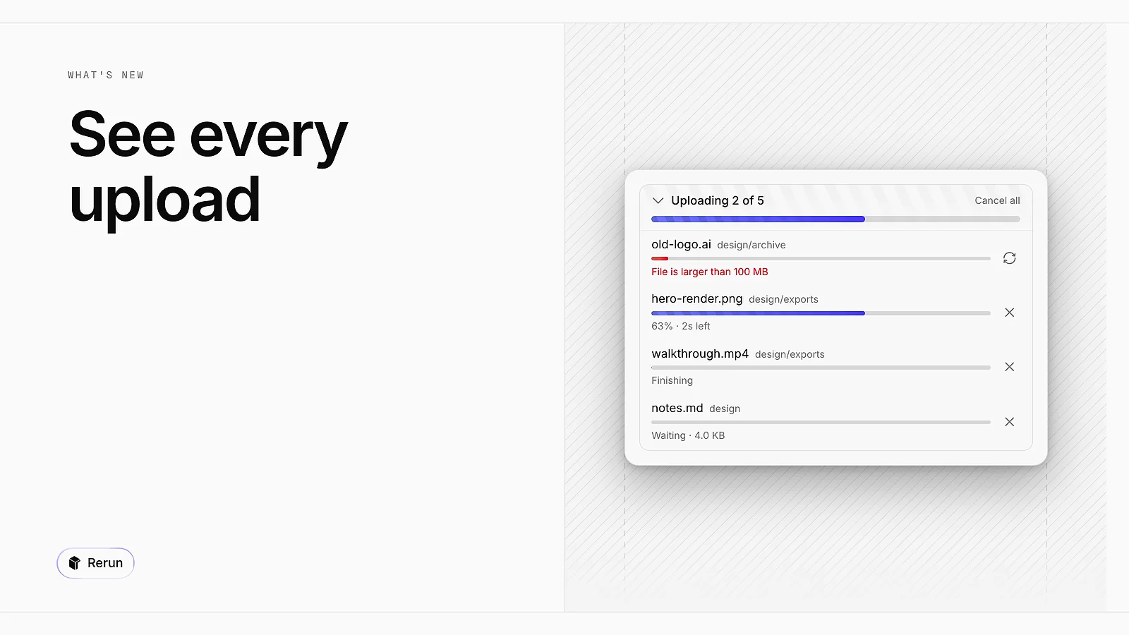 The upload tray with one file failed, one at 63% and two waiting
