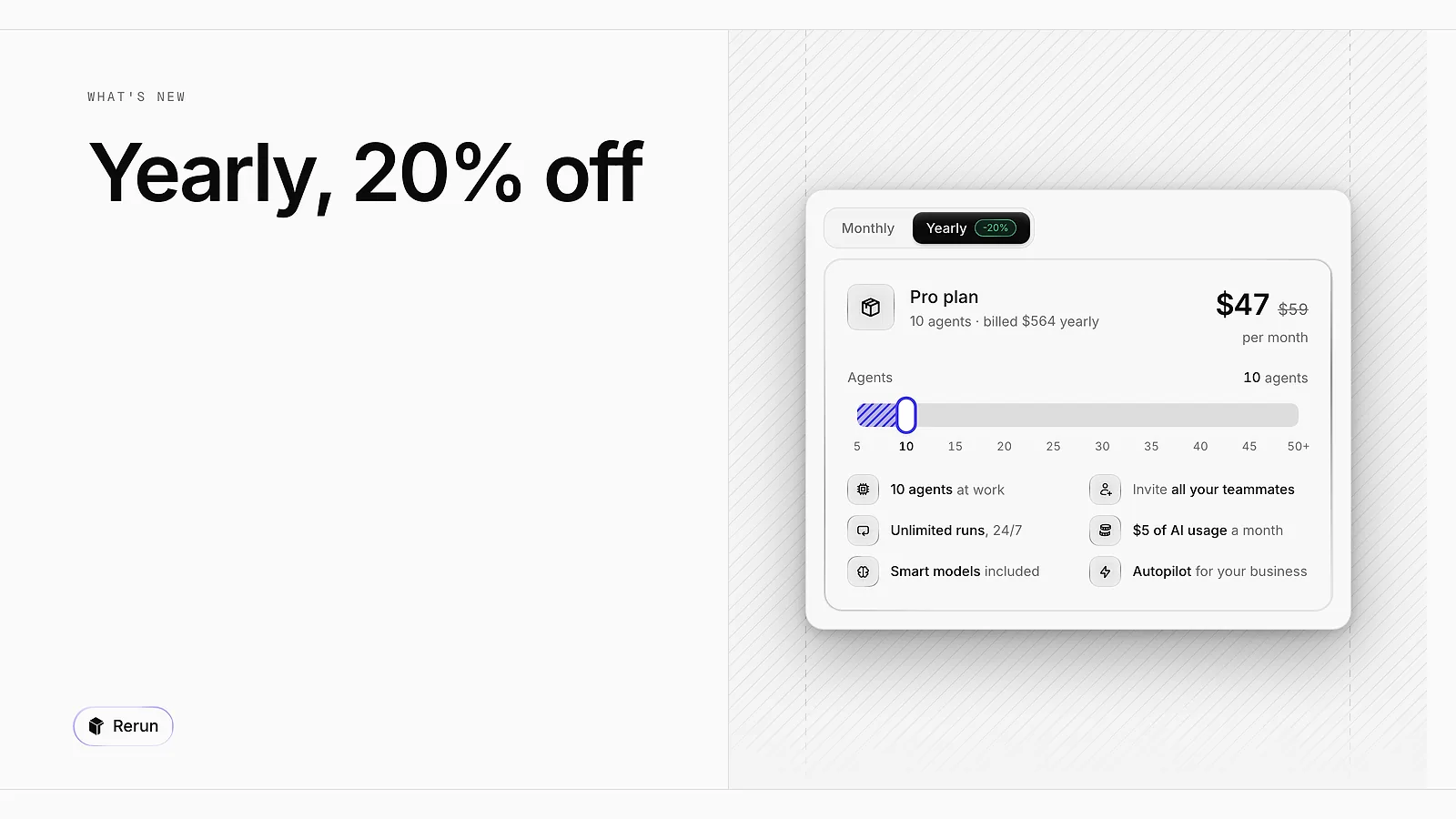 The Monthly and Yearly switch above the plan, Yearly at 20% off