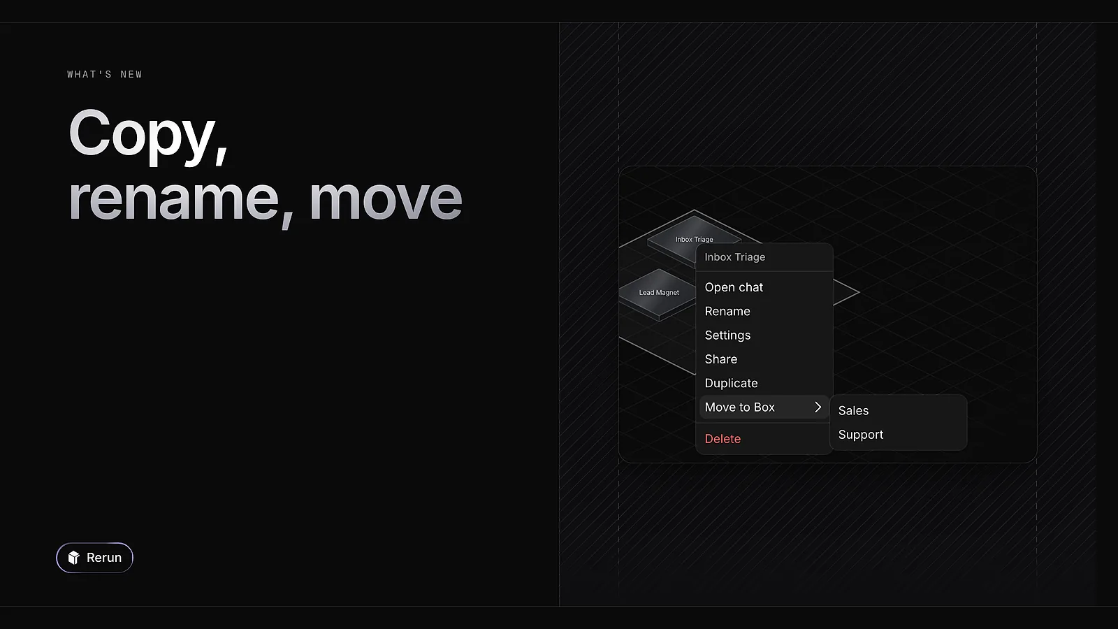 The right-click menu of an agent, with Duplicate and Move to Box
