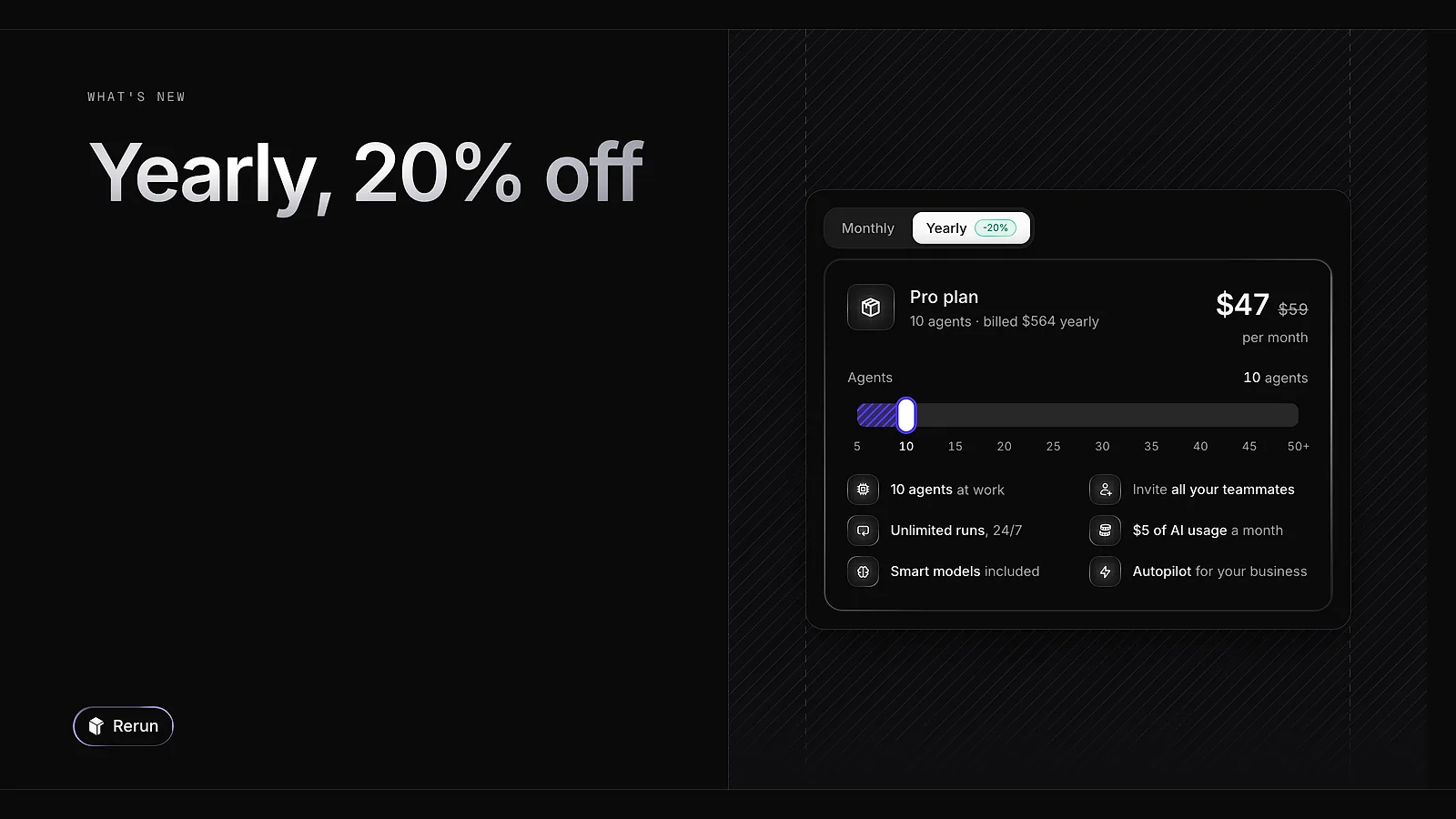 The Monthly and Yearly switch above the plan, Yearly at 20% off