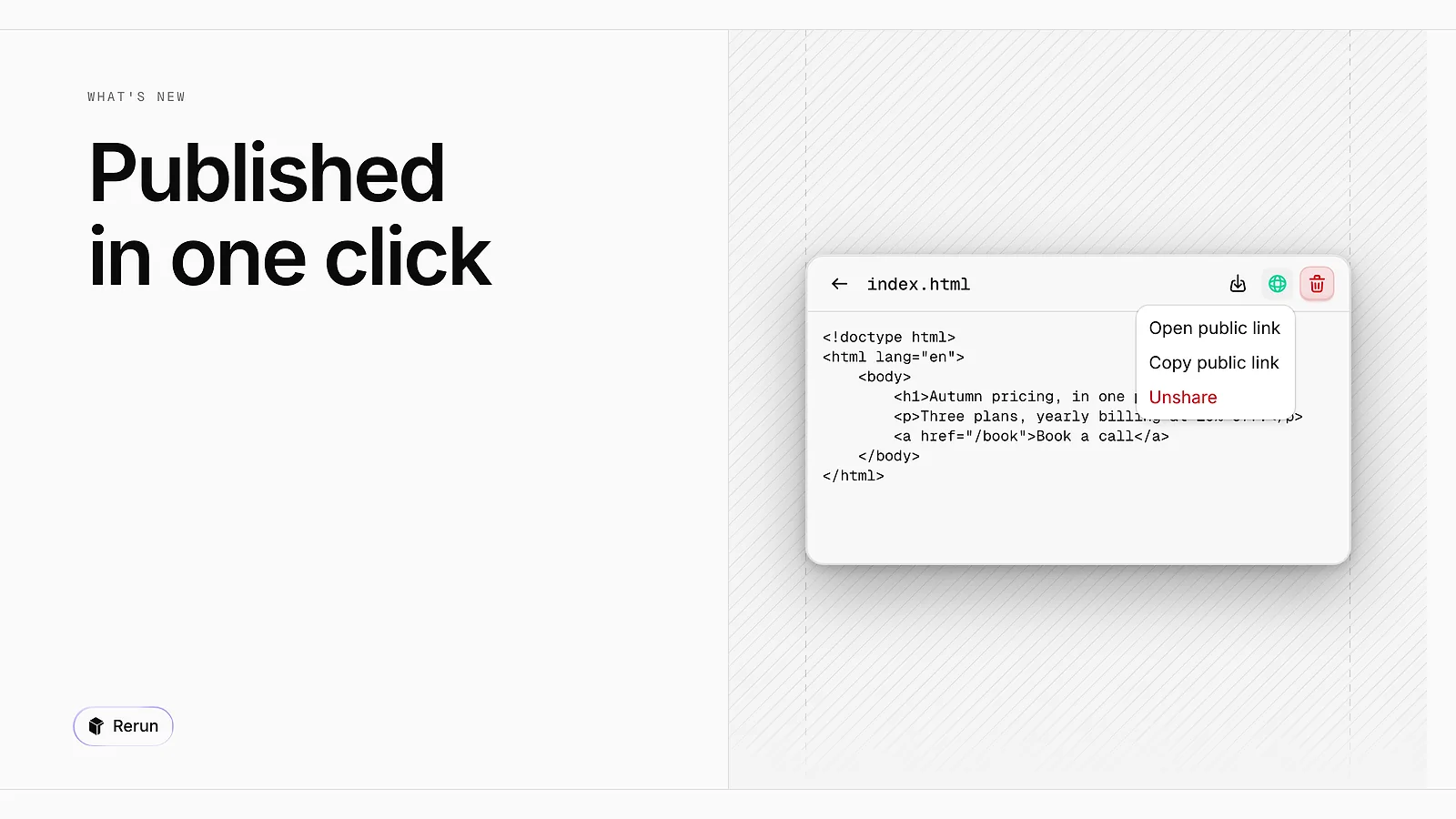 An HTML file in Files with its public link menu open