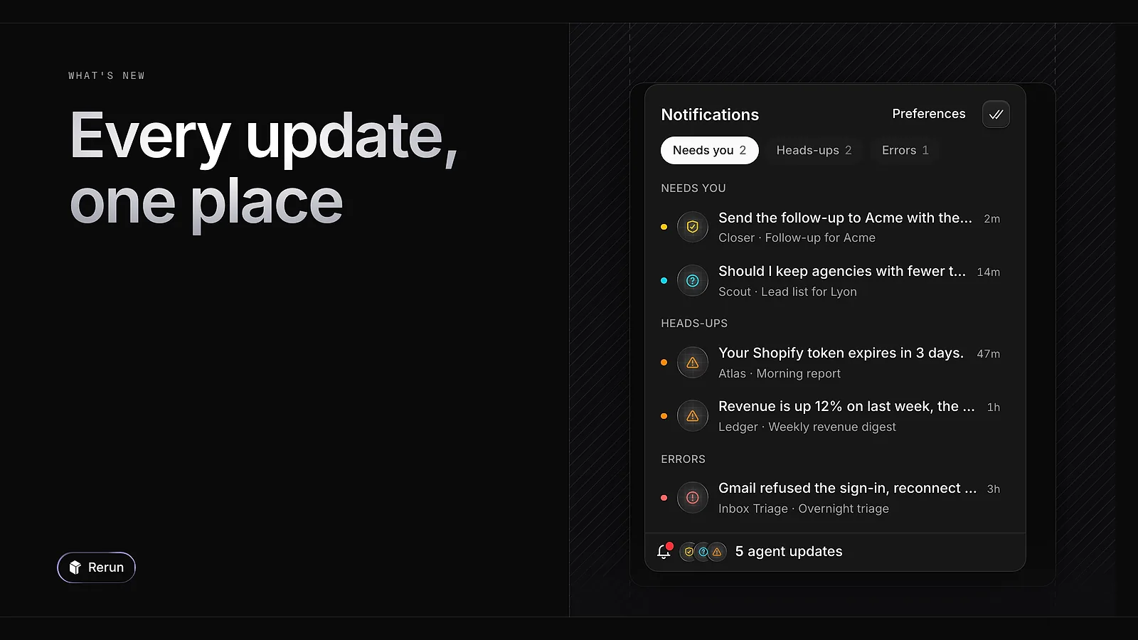 The Notifications card grouped into Needs you, Heads-ups and Errors