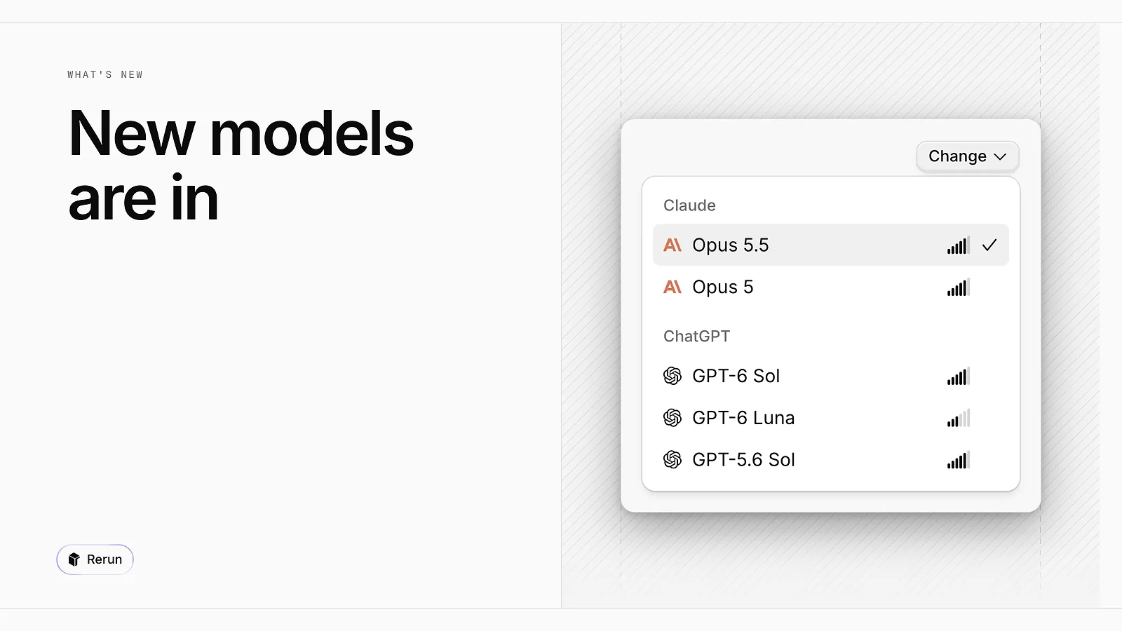 The model picker listing Opus 5.5, GPT-6 Sol and GPT-6 Luna