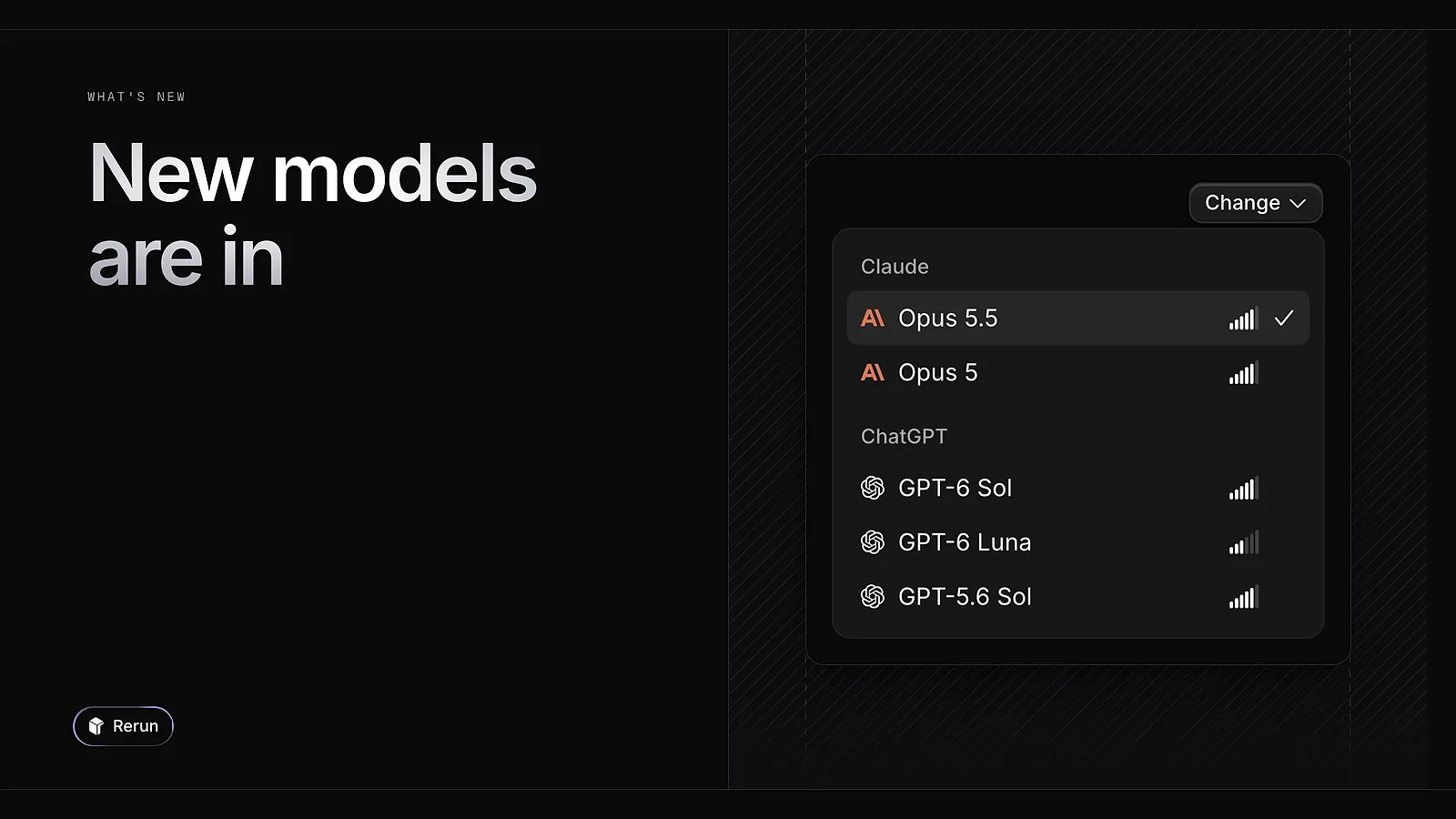 The model picker listing Opus 5.5, GPT-6 Sol and GPT-6 Luna