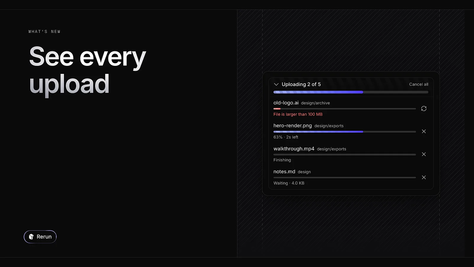 The upload tray with one file failed, one at 63% and two waiting