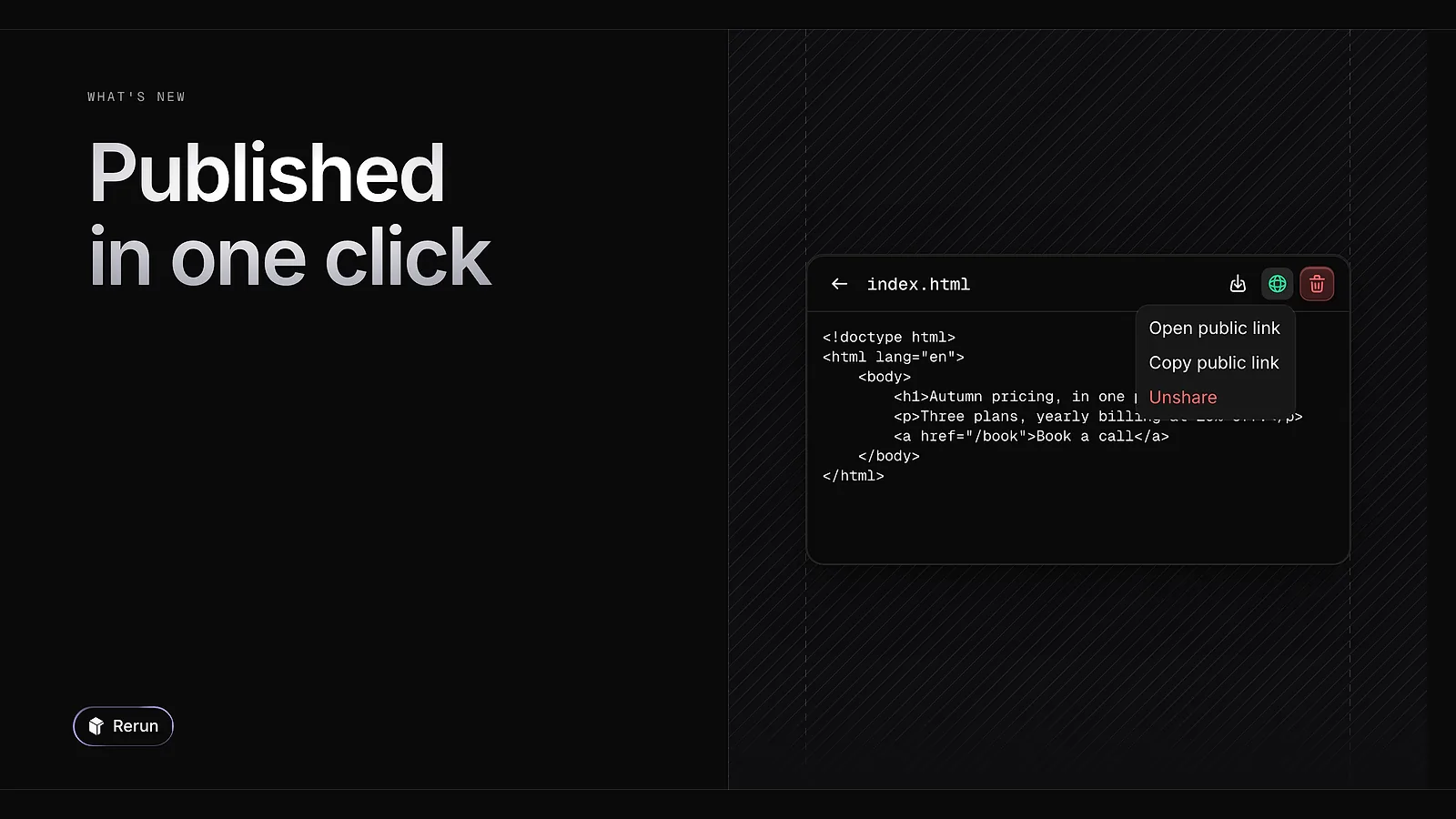 An HTML file in Files with its public link menu open