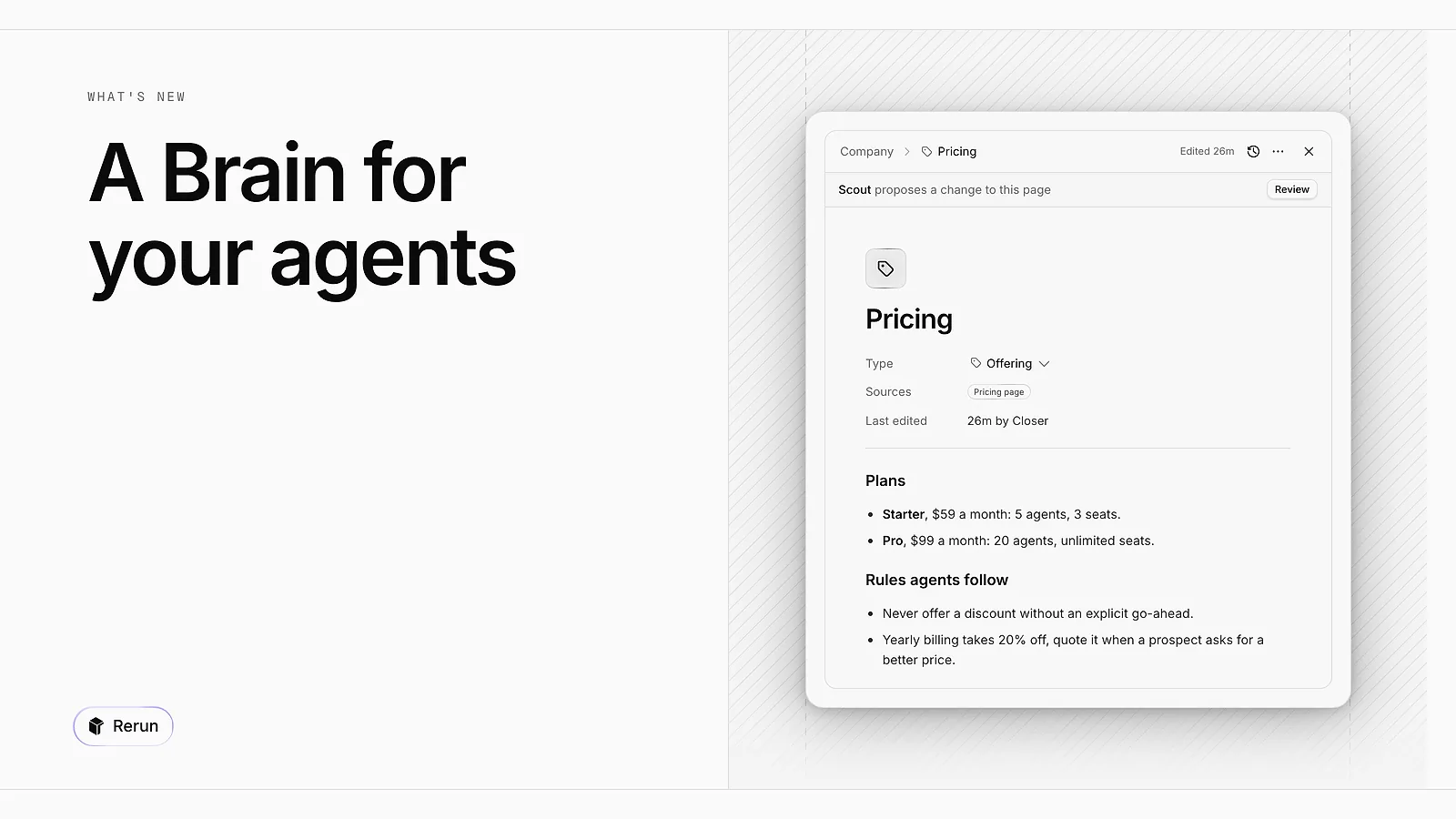 A company page in the Brain, with a change proposed by an agent