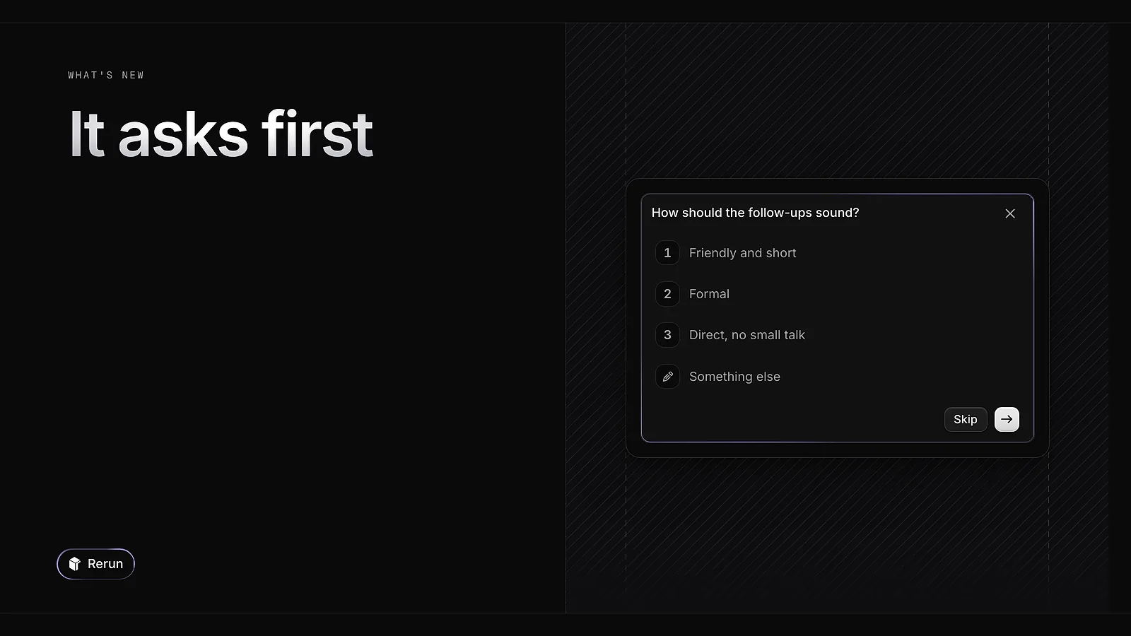A question from an agent with three suggested answers