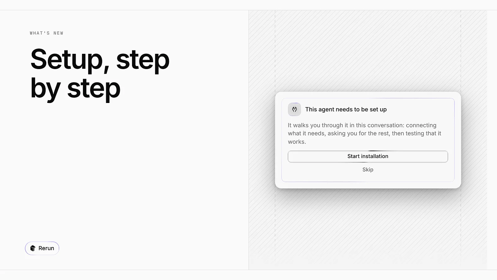 An imported agent asking to be set up, with a Start installation button