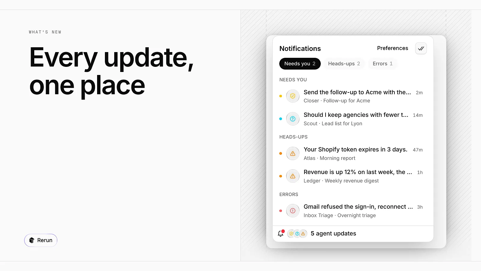 The Notifications card grouped into Needs you, Heads-ups and Errors