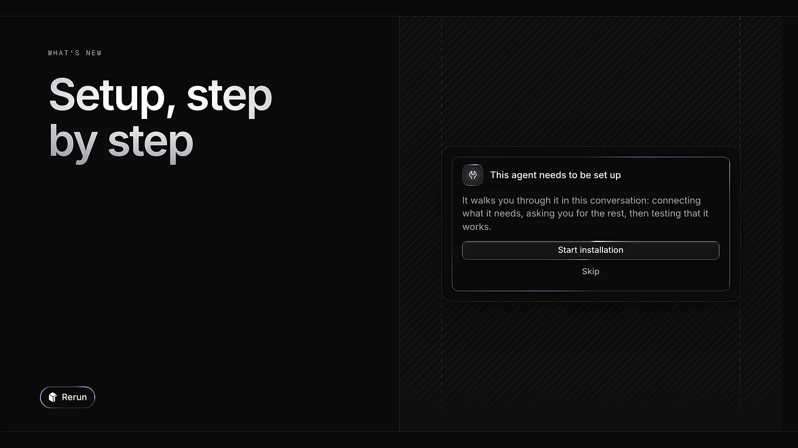 An imported agent asking to be set up, with a Start installation button
